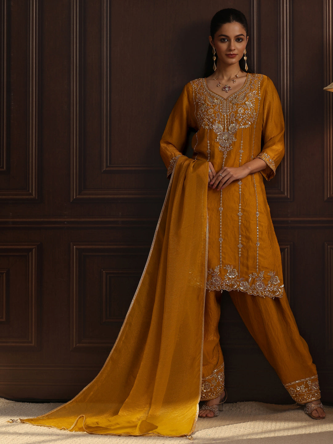 Libas Art Mustard Floral Embellished Tissue Farshi Salwar Suit