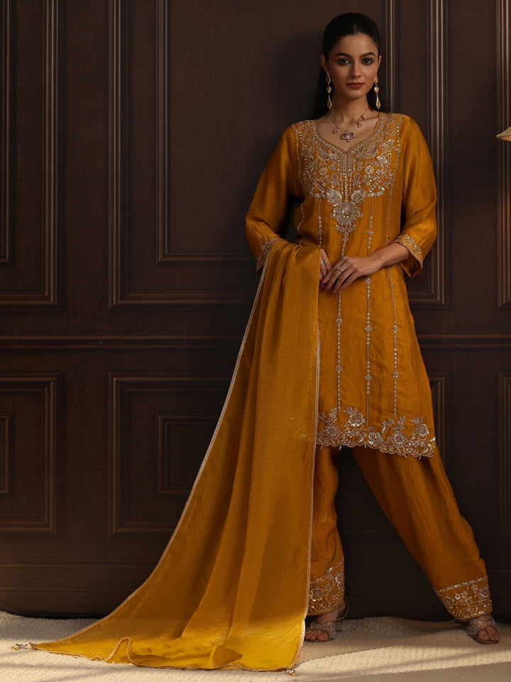 Libas Art Mustard Floral Embellished Tissue Farshi Salwar Suit