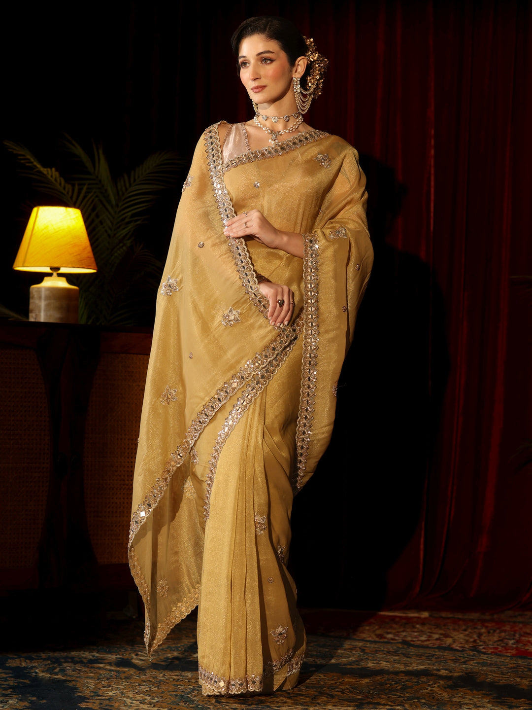 Libas Art Mustard Floral Embellished Tissue Saree