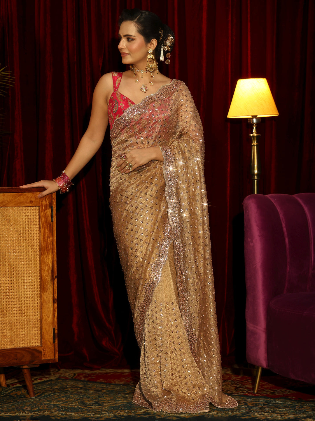 Libas Art Mustard Floral Embellished Tissue Saree