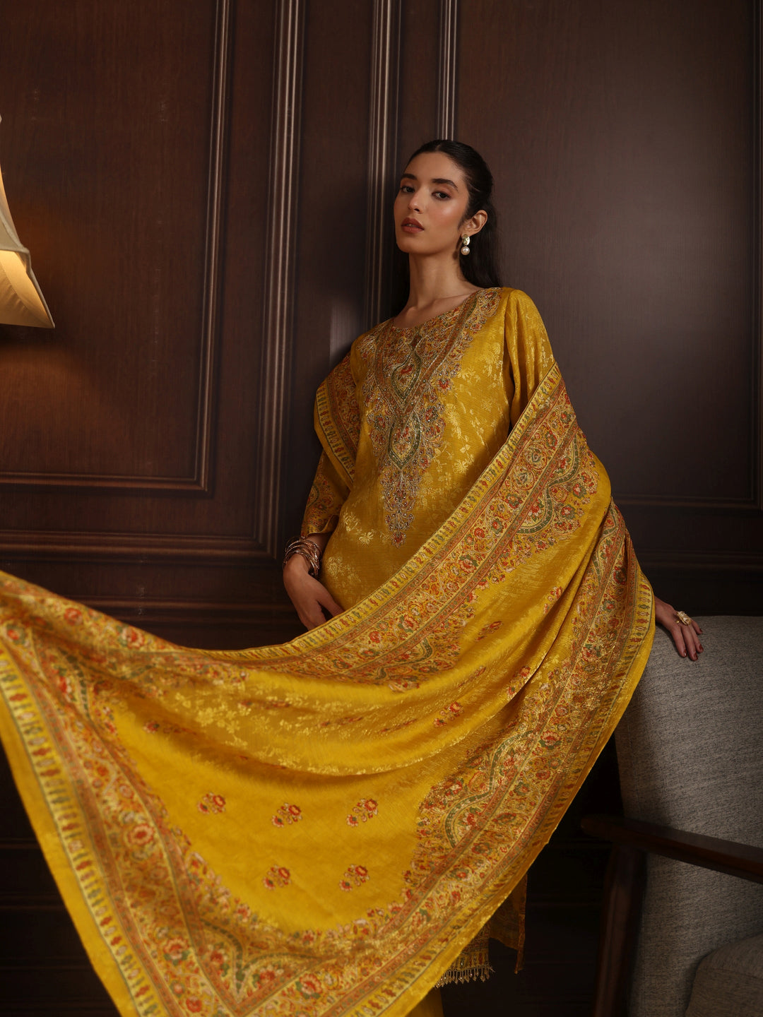 Libas Art Mustard Floral Embroidered Chanderi Silk Straight Suit Set