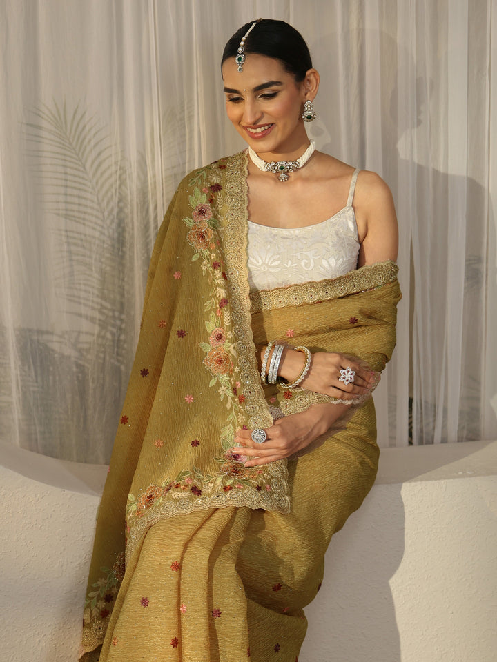 Libas Art Mustard Floral Embroidered Tissue Saree
