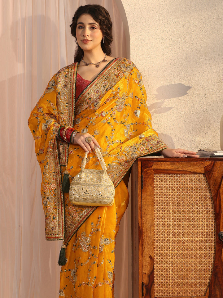 Libas Art Mustard Floral Embroidered Tissue Saree