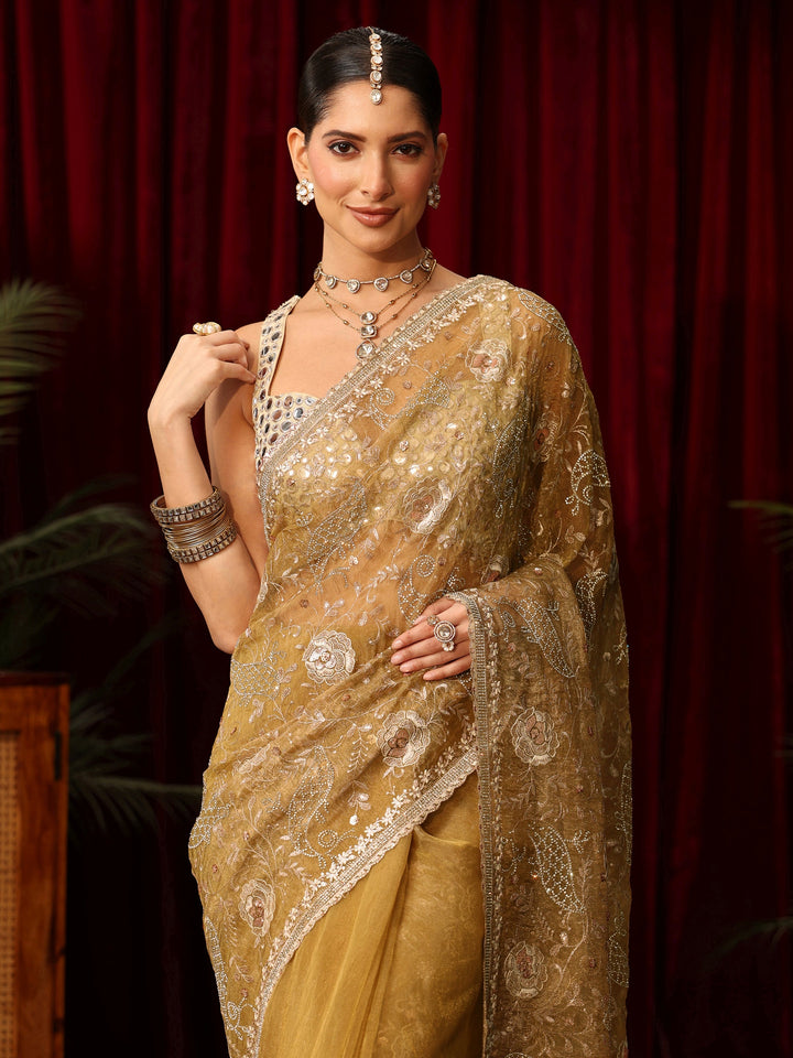 Libas Art Mustard Floral Embroidered Tissue Saree with Stone Work