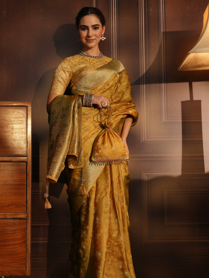 Libas Art Mustard Floral Woven Design Silk Blend Saree with Potli Bag
