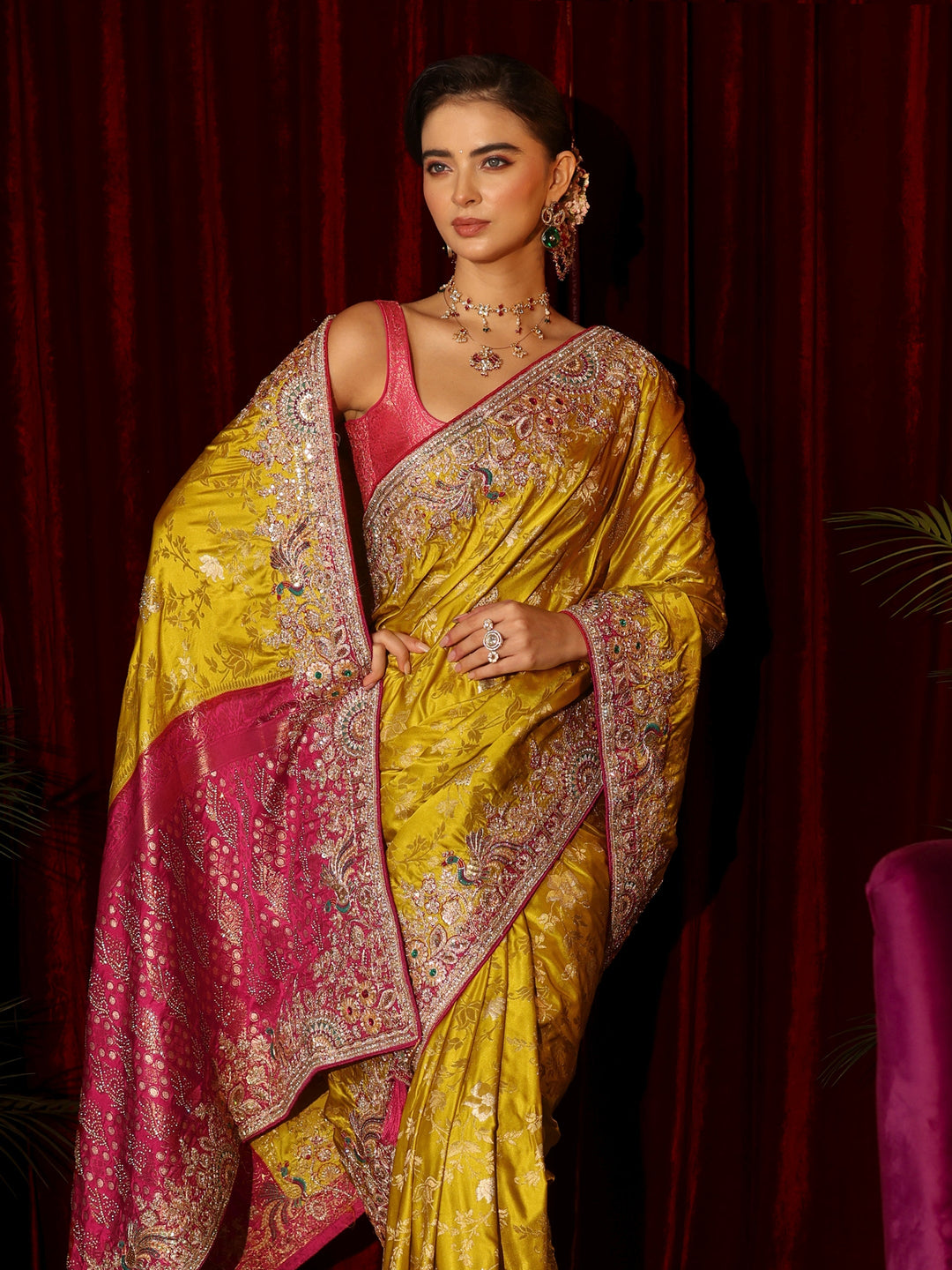 Libas Art Mustard Floral Woven Silk Blend Saree with Embellished Border