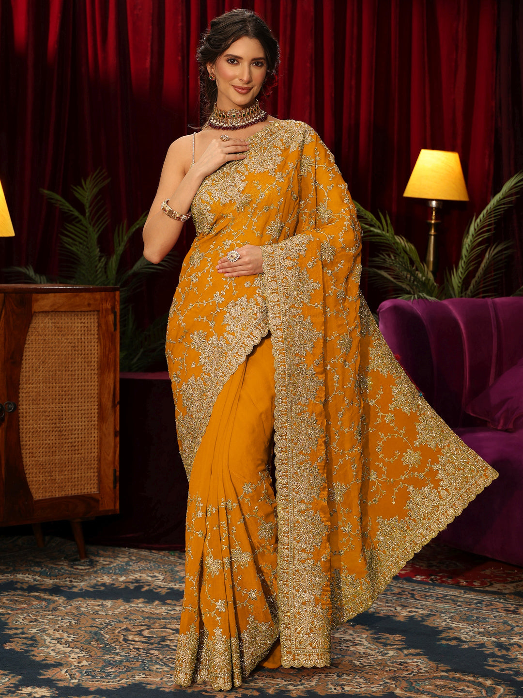 Libas Art Mustard Floral Zari Embroidered Tissue Saree