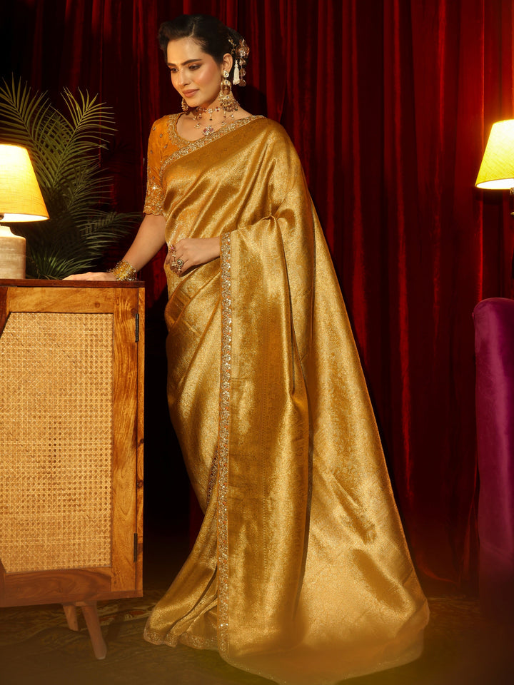 Libas Art Mustard Kalamkari Printed Silk Blend Saree