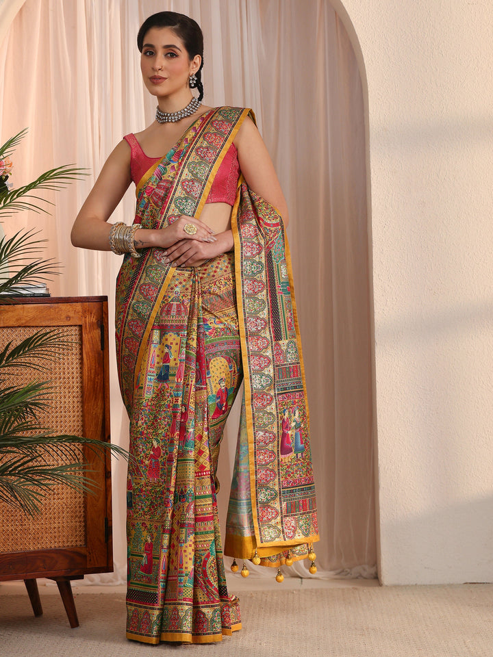 Libas Art Mustard Mughal Foil Printed Silk Blend Saree