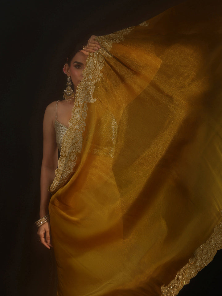 Libas Art Mustard Net Saree with Paisley Border