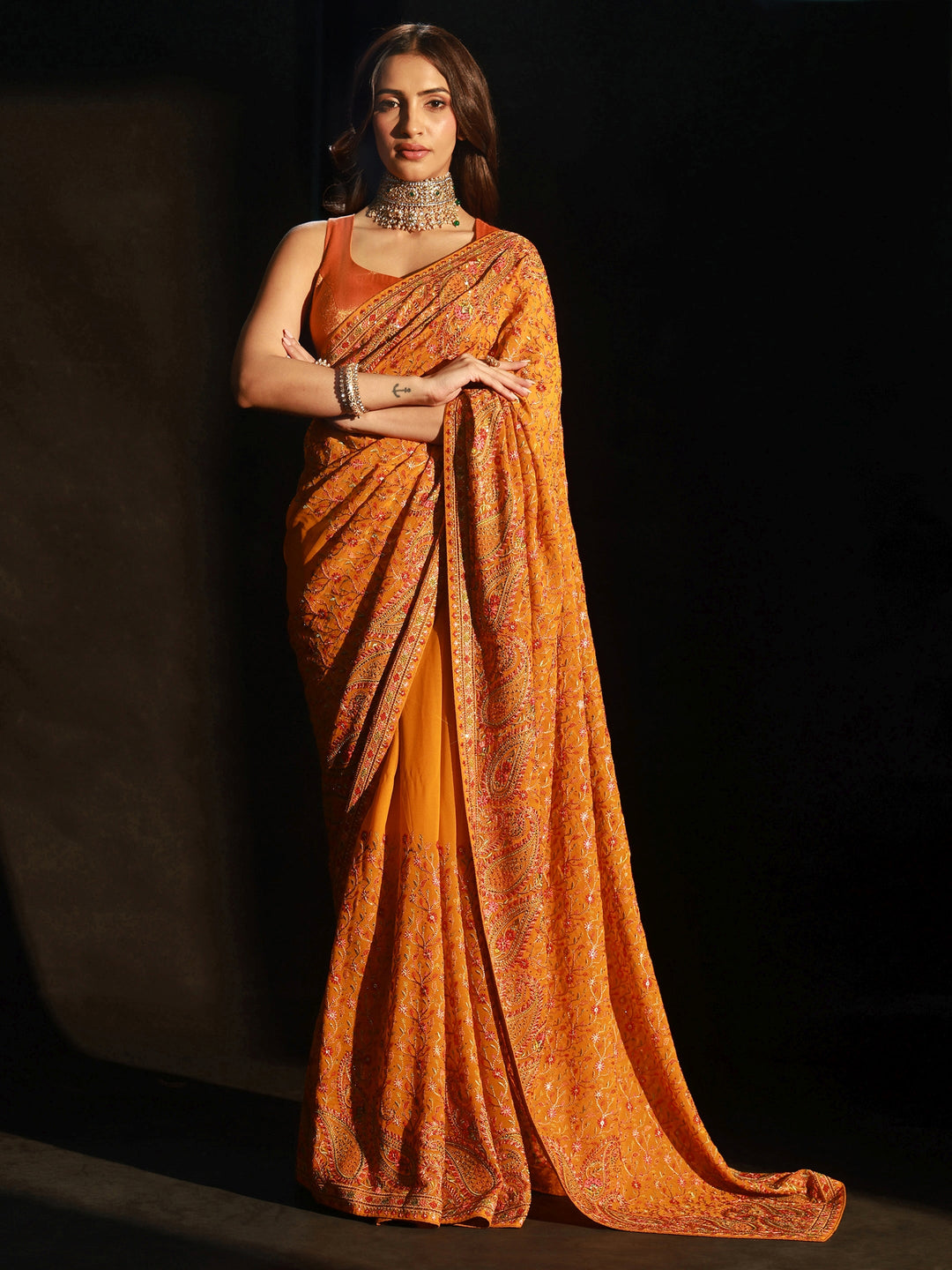 Libas Art Mustard Paisley Embroidered Georgette Saree
