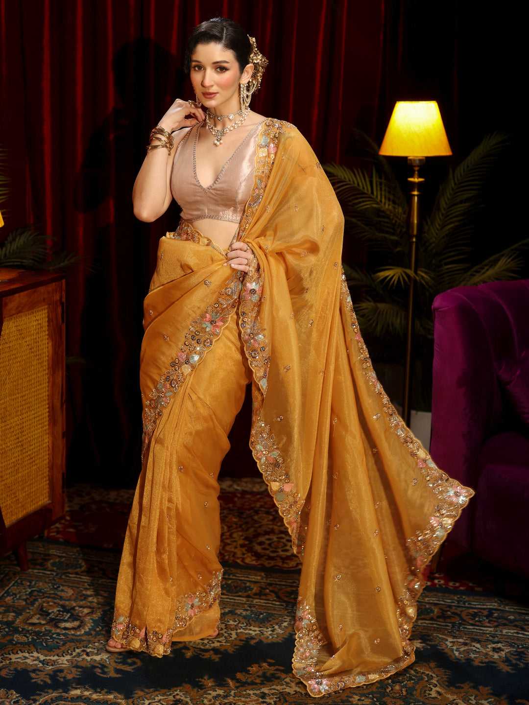 Libas Art Mustard Sequin Embellished Tissue Saree