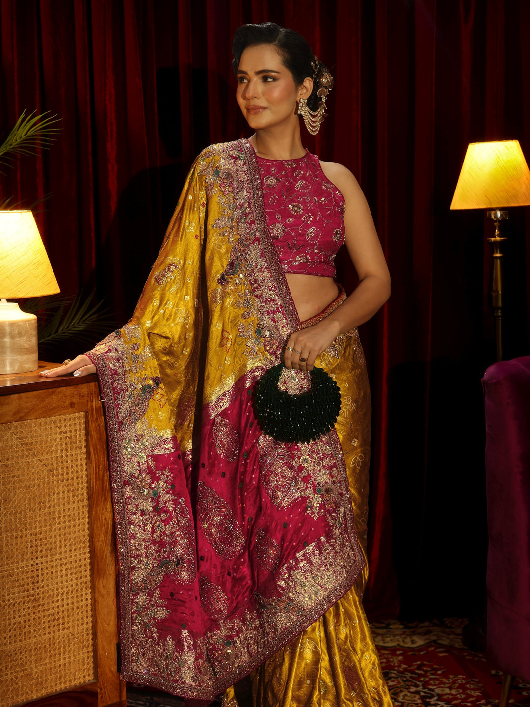 Libas Art Mustard Silk Blend Saree with Embellished Border