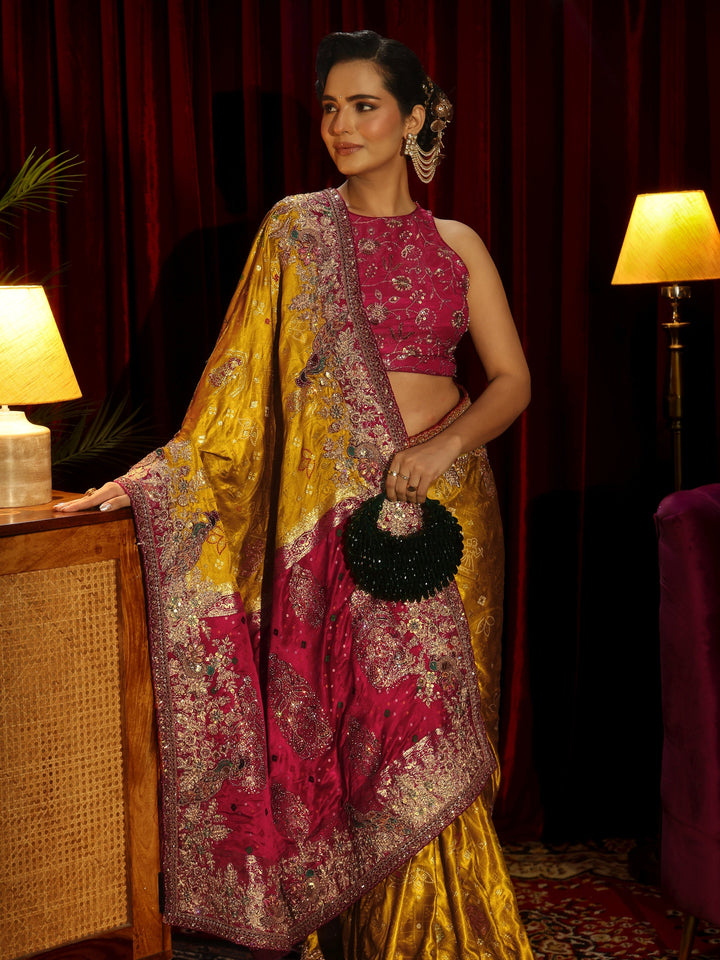 Libas Art Mustard Silk Blend Saree with Embellished Border