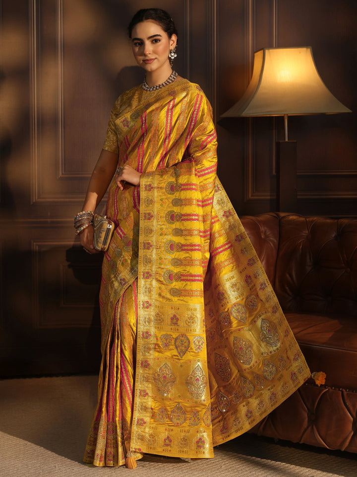 Libas Art Mustard Striped Woven Design Satin Saree with Stone Work
