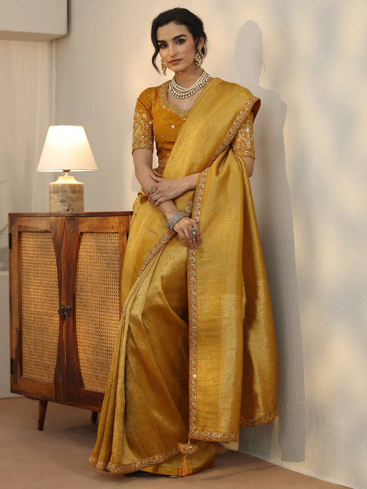 Libas Art Mustard Textured Silk Blend Saree with Embellished Border