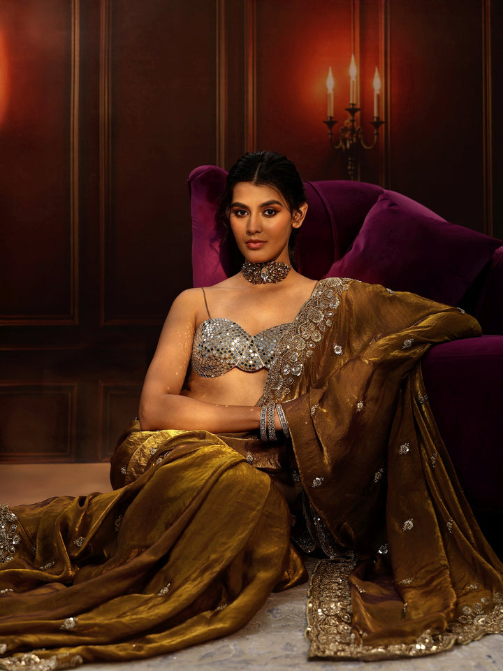 Libas Art Mustard Tissue Saree with Sequin Embellished Border