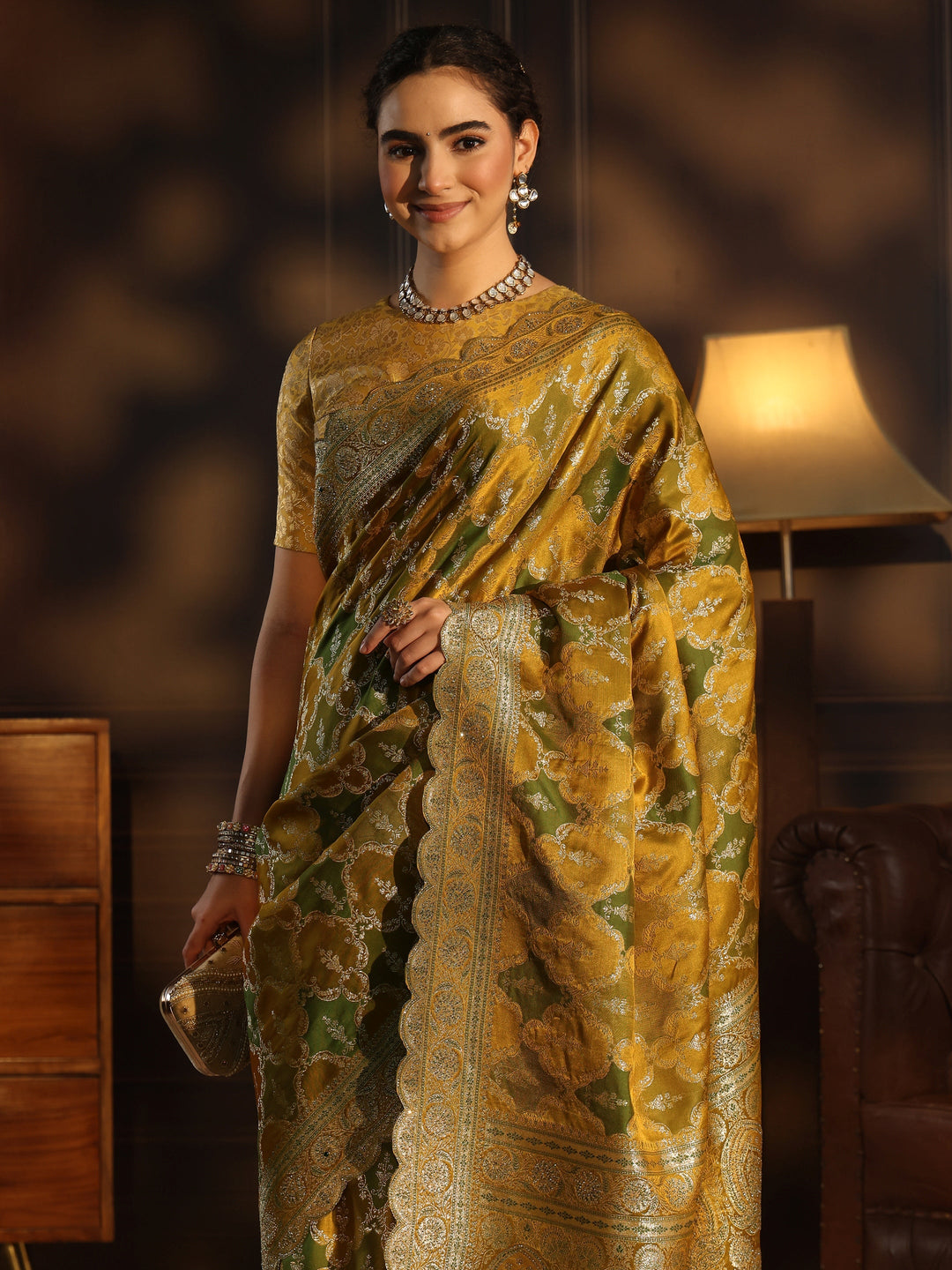 Libas Art Mustard Woven Design Satin Saree with Scalloped Border