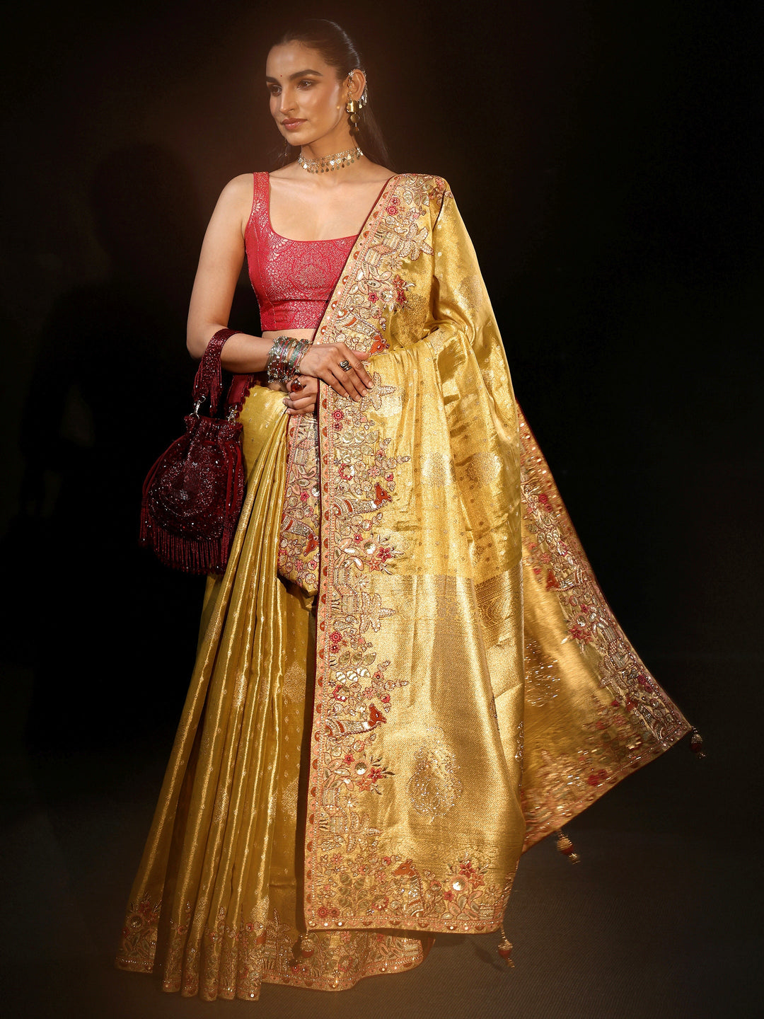 Libas Art Mustard Woven Design Silk Blend Saree with Embroidered Border