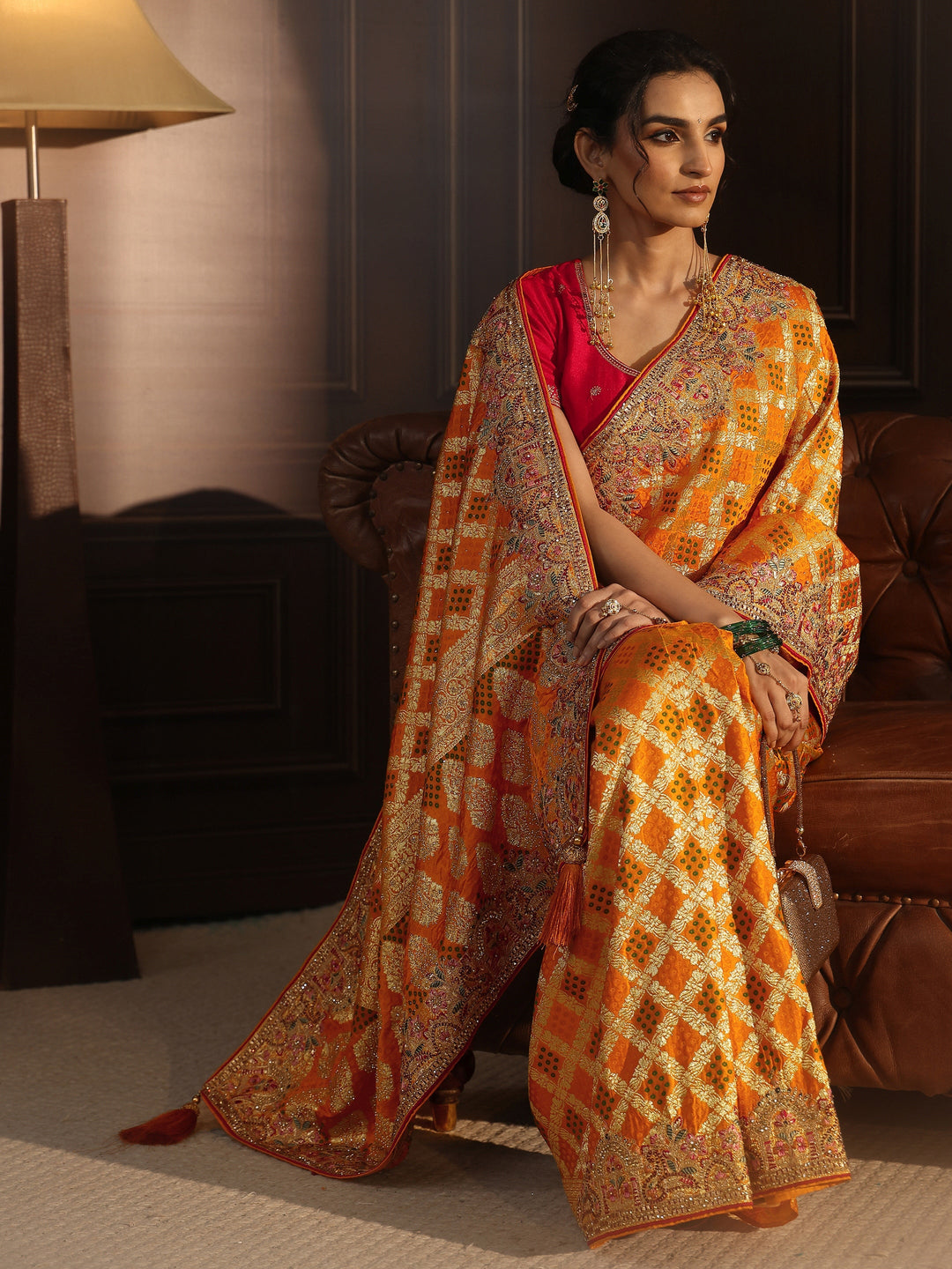 Libas Art Mustard Woven Design Silk Blend Saree with Embroidered Border