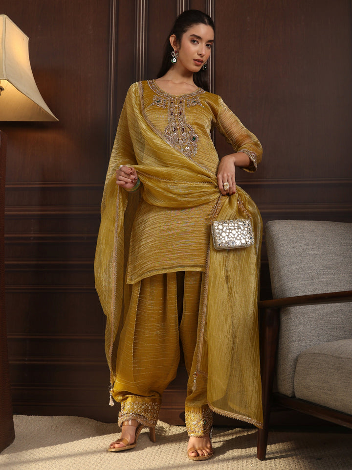 Libas Art Mustard Yoke Design Embellished Tissue Farshi Salwar Suit