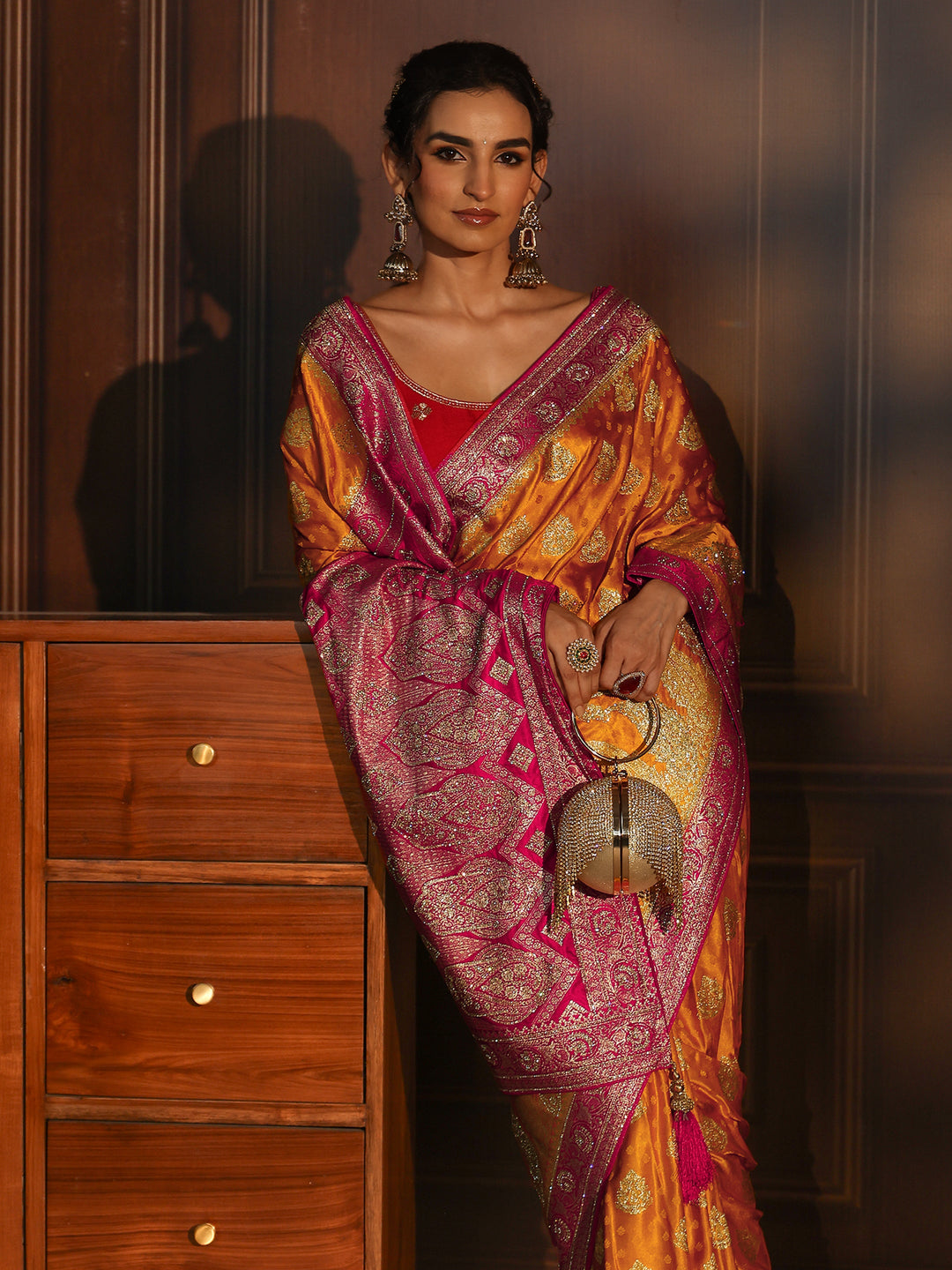 Libas Art Mustard and Red Banarasi Silk Saree with Stone Work
