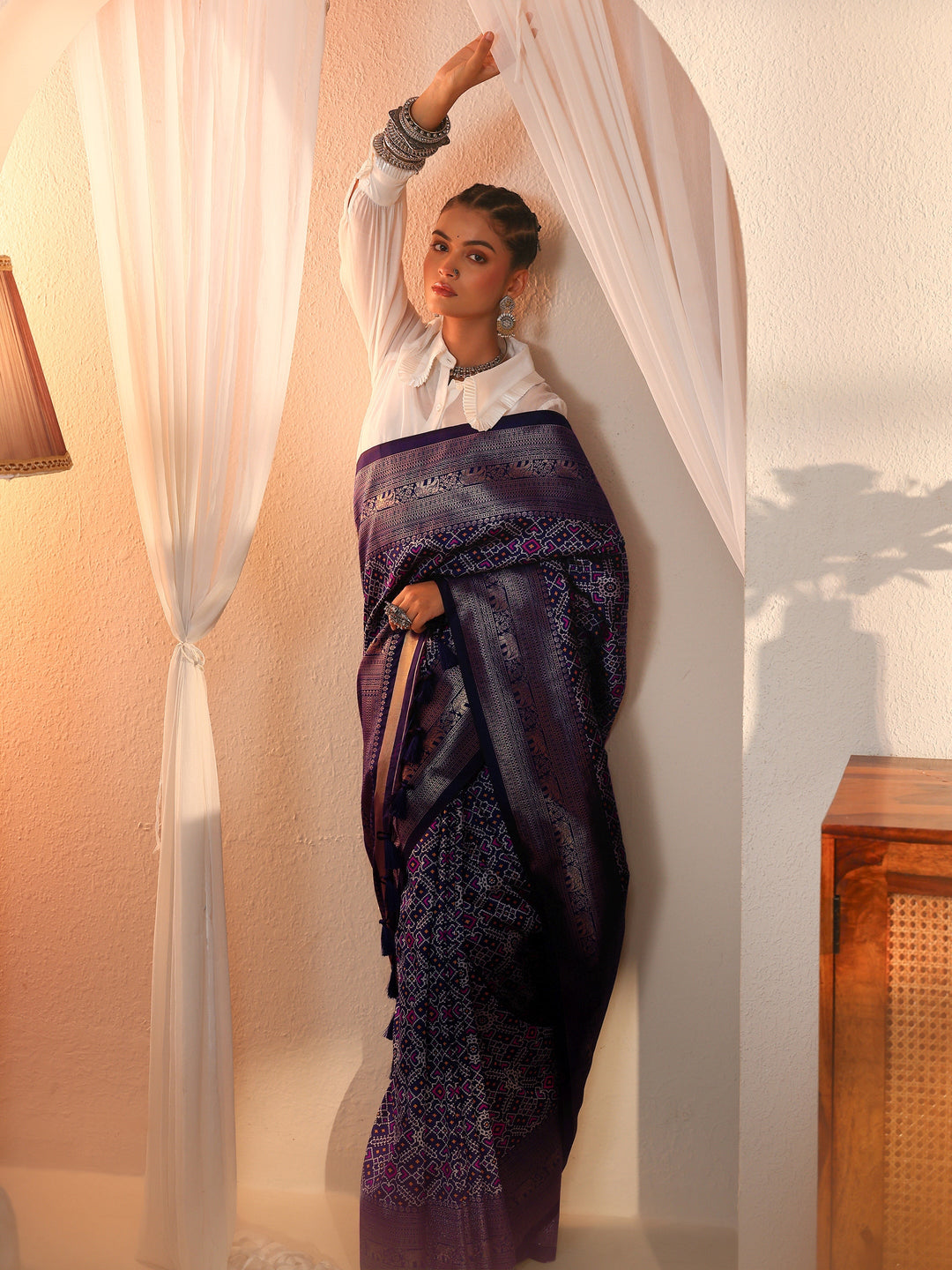 Libas Art Navy Blue Brocade Tassel Saree
