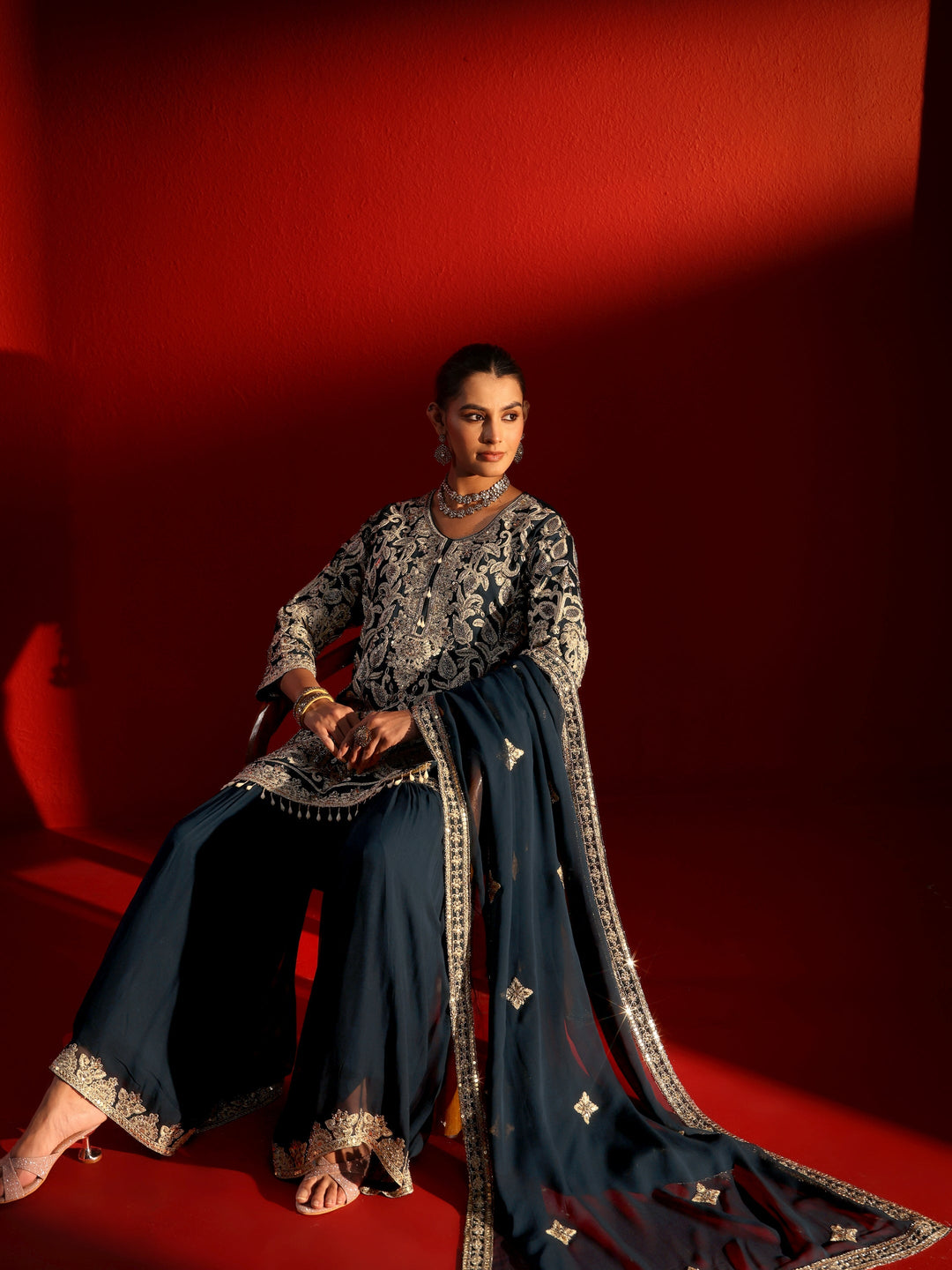 Libas Art Navy Blue Embellished Georgette Sharara Suit Set