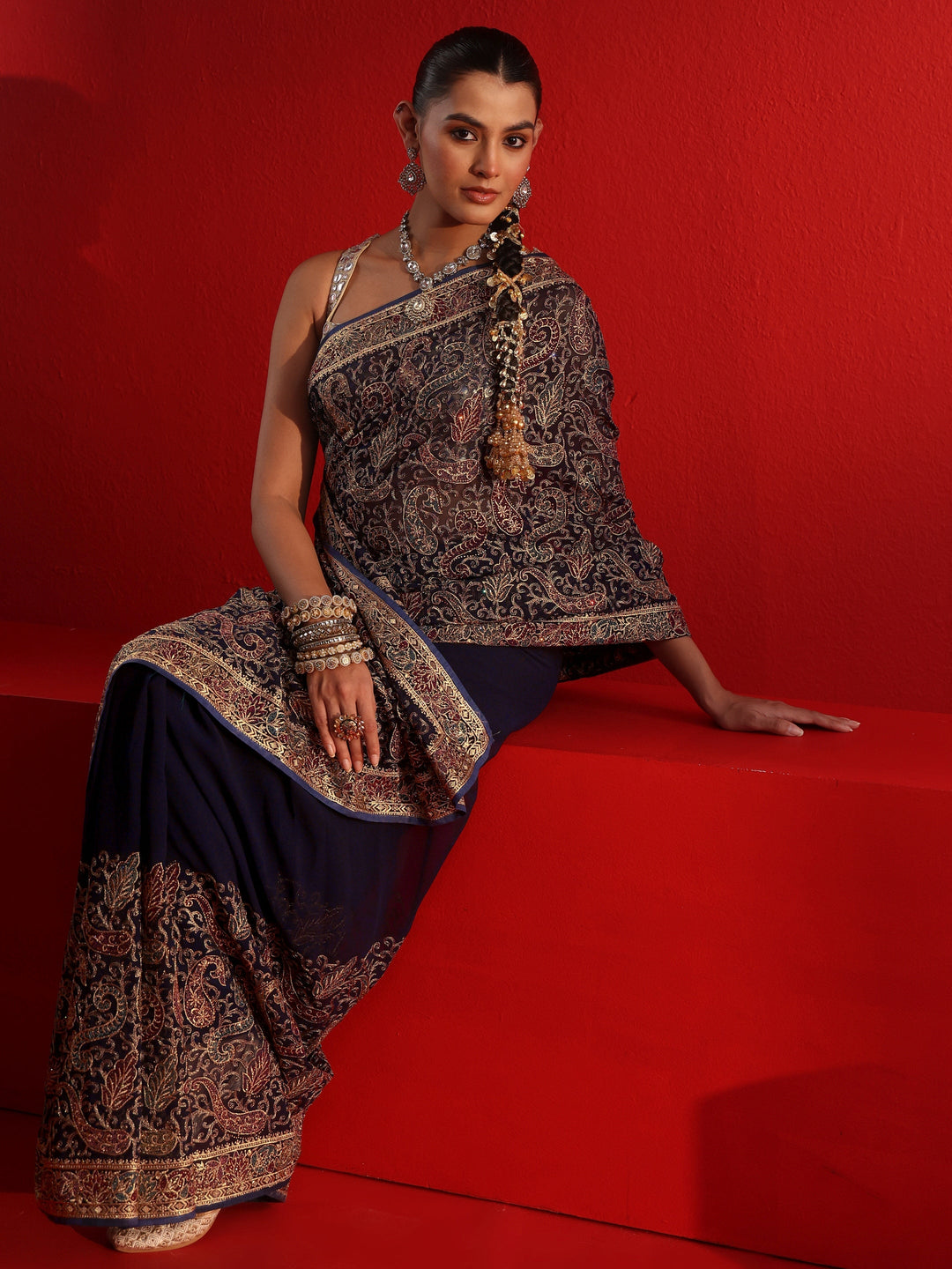 Libas Art Navy Blue Embroidered Stone Work Georgette Saree