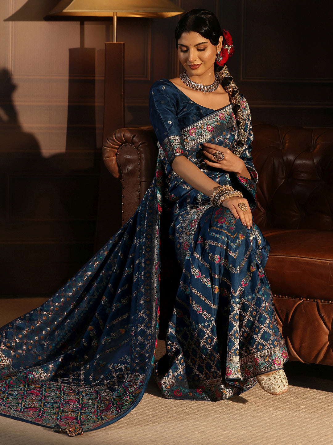 Libas Art Navy Blue Ethnic Woven Design Silk Blend Saree