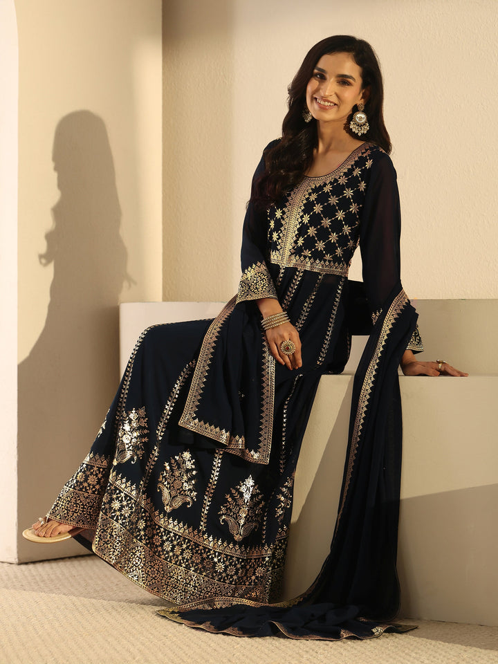 Libas Art Navy Blue Floral Embroidered Georgette Anarkali Suit Set