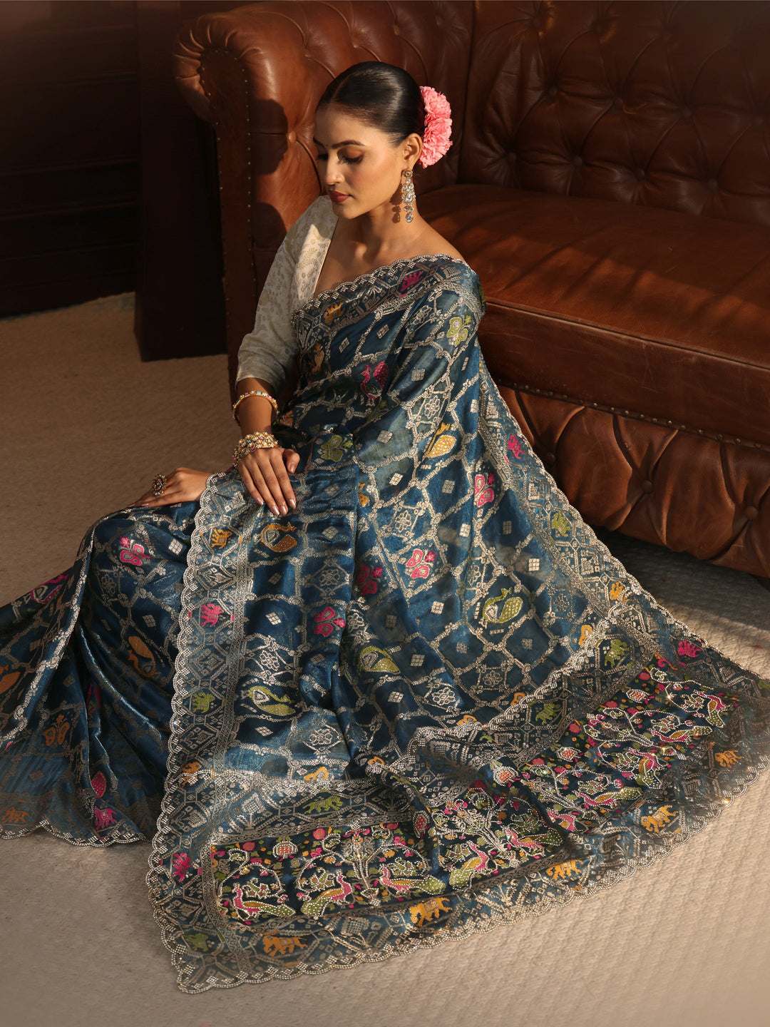 Libas Art Navy Blue Stone Embellished Patola Design Chiffon Saree