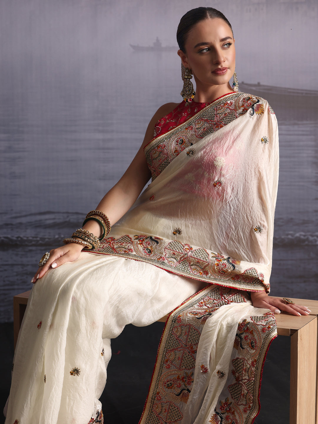 Libas Art Off White Ethnic Embroidered Tissue Saree