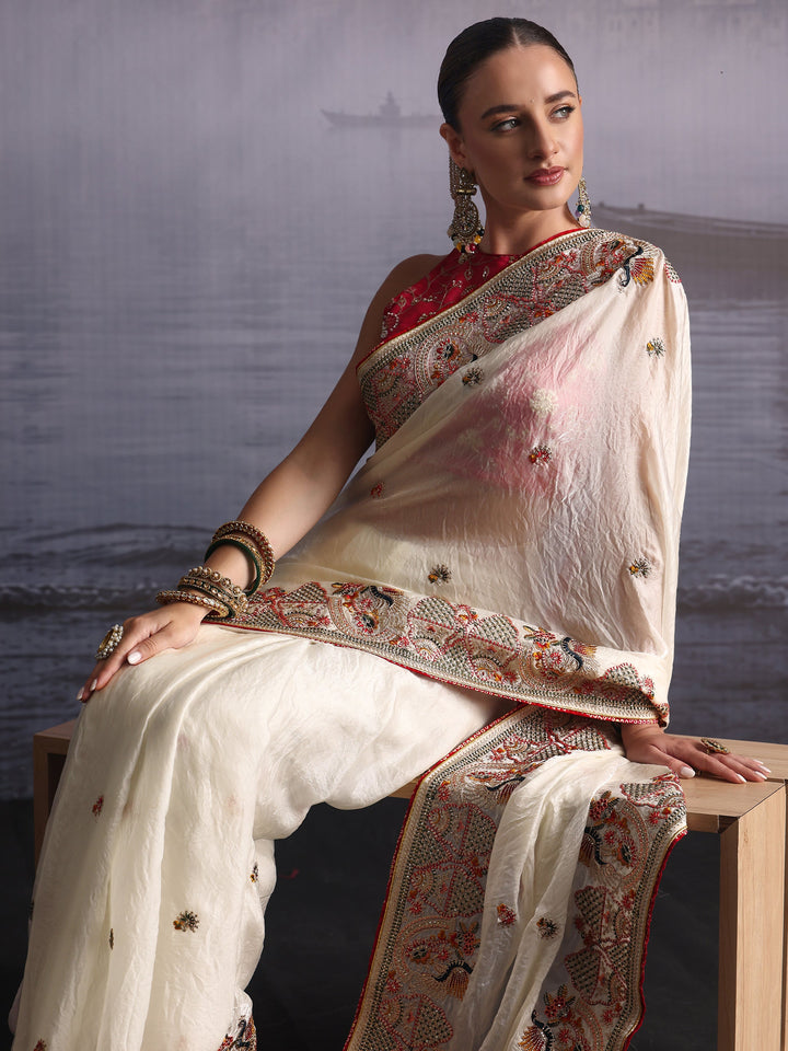 Libas Art Off White Ethnic Embroidered Tissue Saree