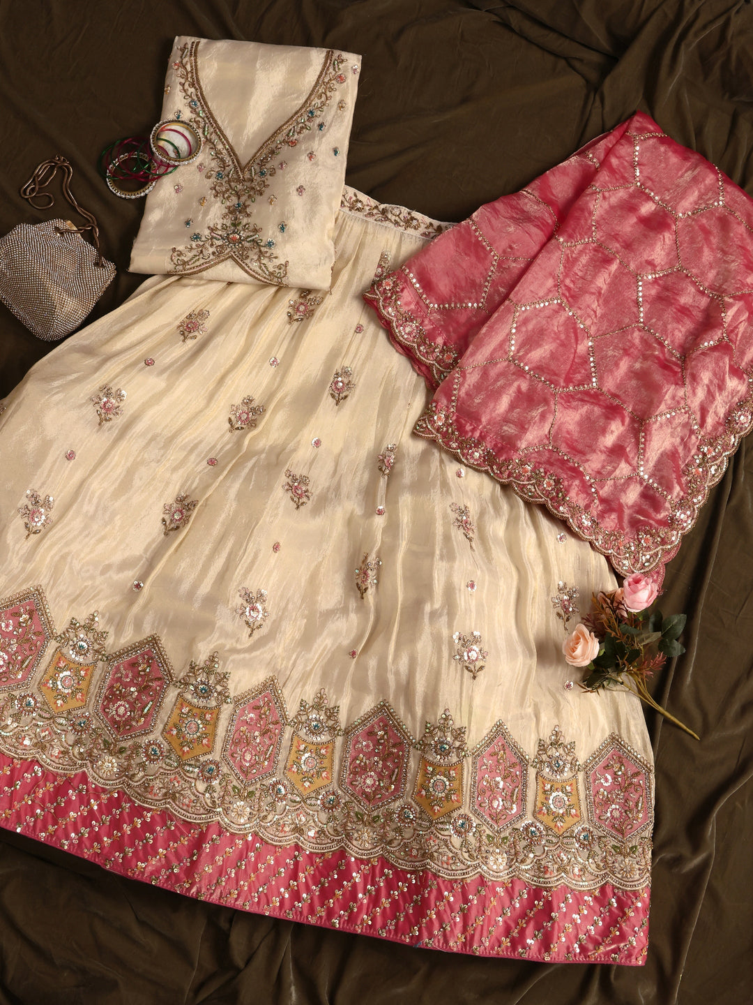 Libas Art Off White Floral Embellished Silk Blend Semi-Stitched Lehenga Choli
