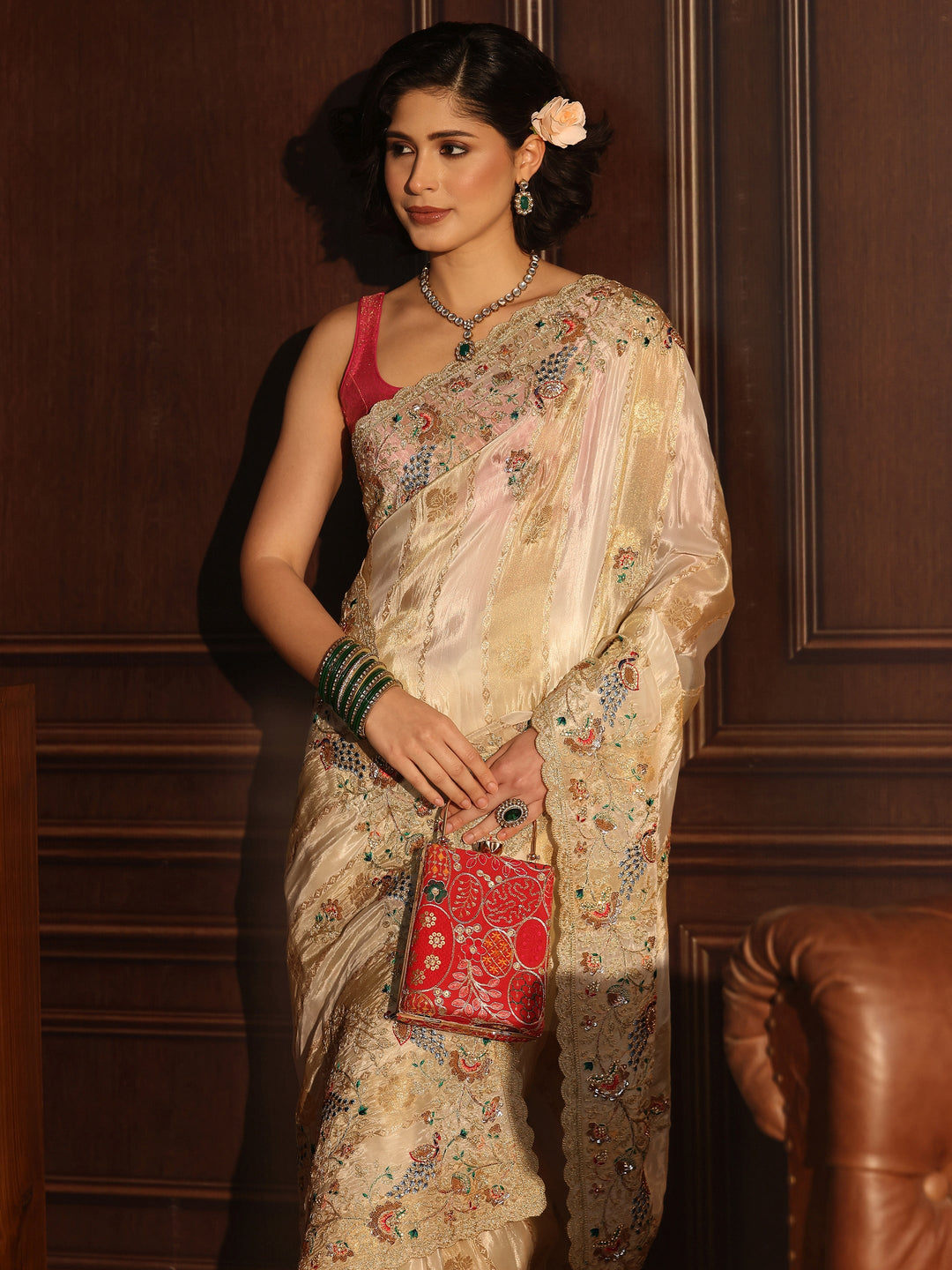 Libas Art Off White Floral Stone Work Embellished Silk Blend Saree