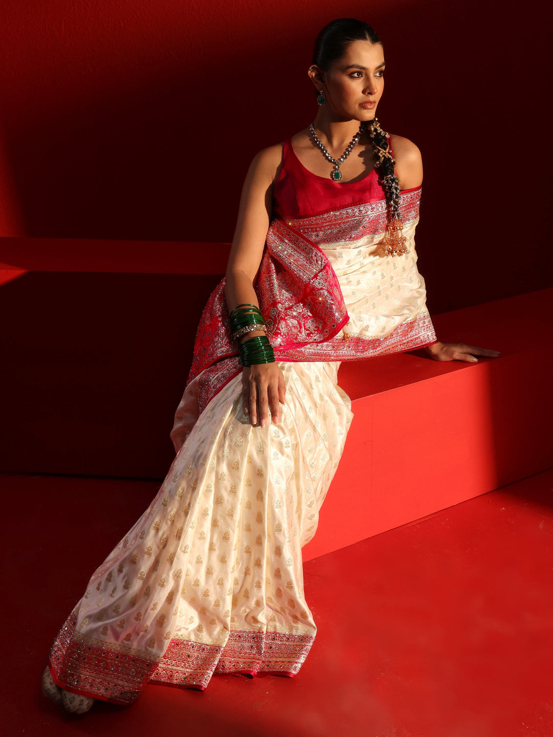 Libas Art Off White and Red Woven Design Stone Work Satin Saree