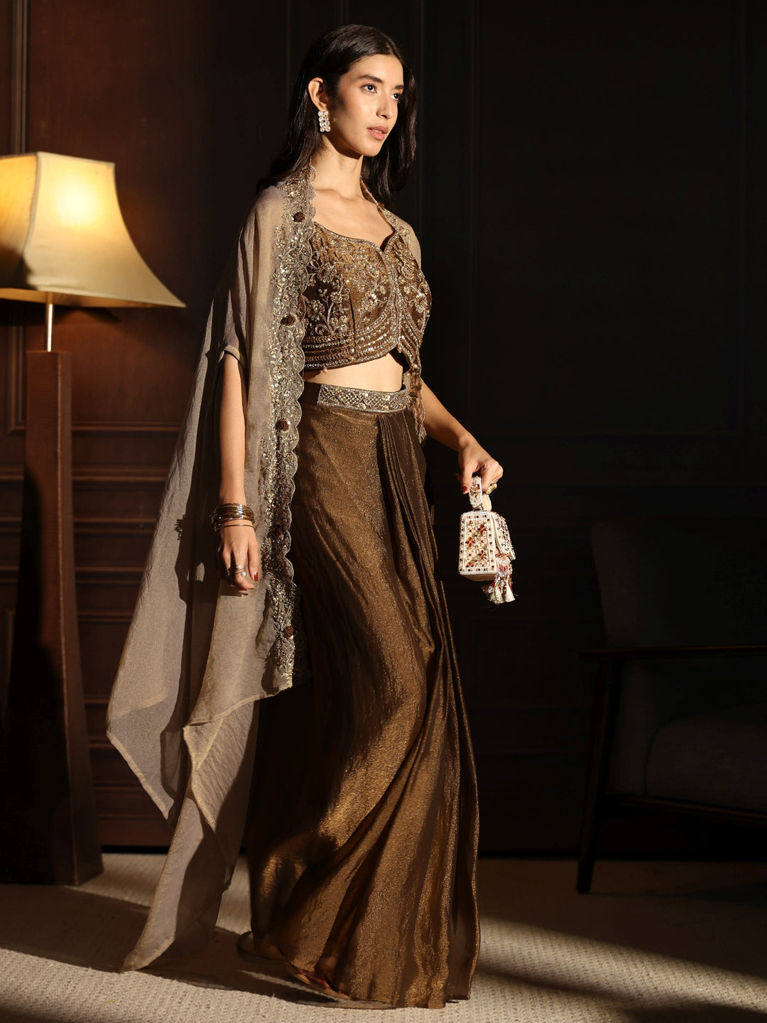 Libas Art Olive Green Embellished Cape and Draped Skirt Tissue Co-Ord Set
