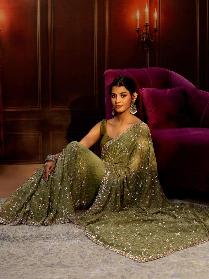 Libas Art Olive Green Embellished Tissue Saree