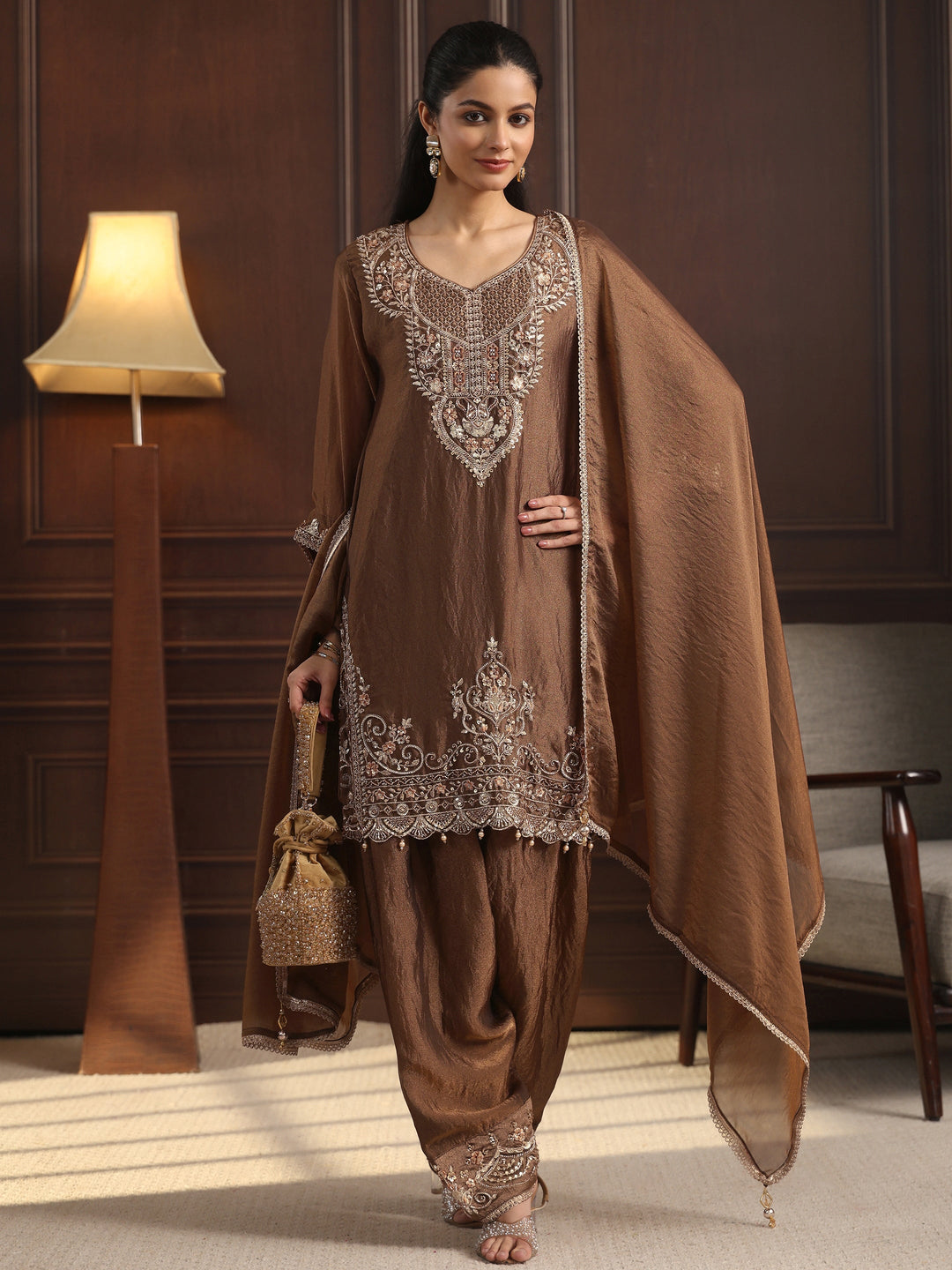 Libas Art Olive Green Floral Embellished Tissue Farshi Salwar Suit