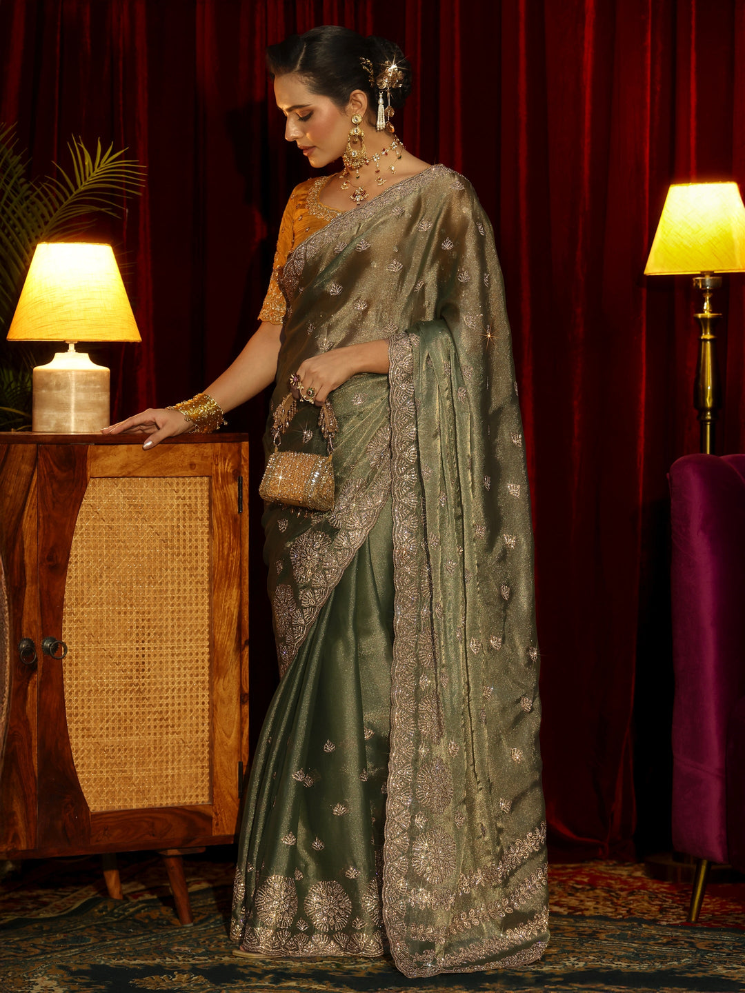 Libas Art Olive Green Floral Embellished Tissue Saree