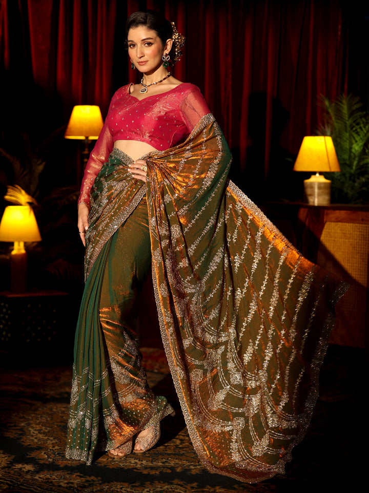 Libas Art Olive Sequin Embellished Tissue Saree
