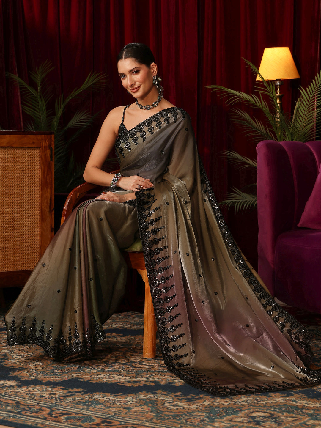 Libas Art Ombre Brown Tissue Saree with Sequin Embellished Border
