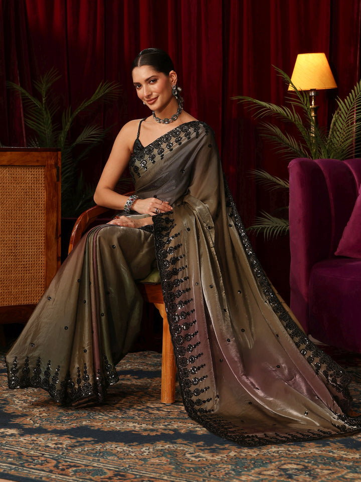 Libas Art Ombre Brown Tissue Saree with Sequin Embellished Border