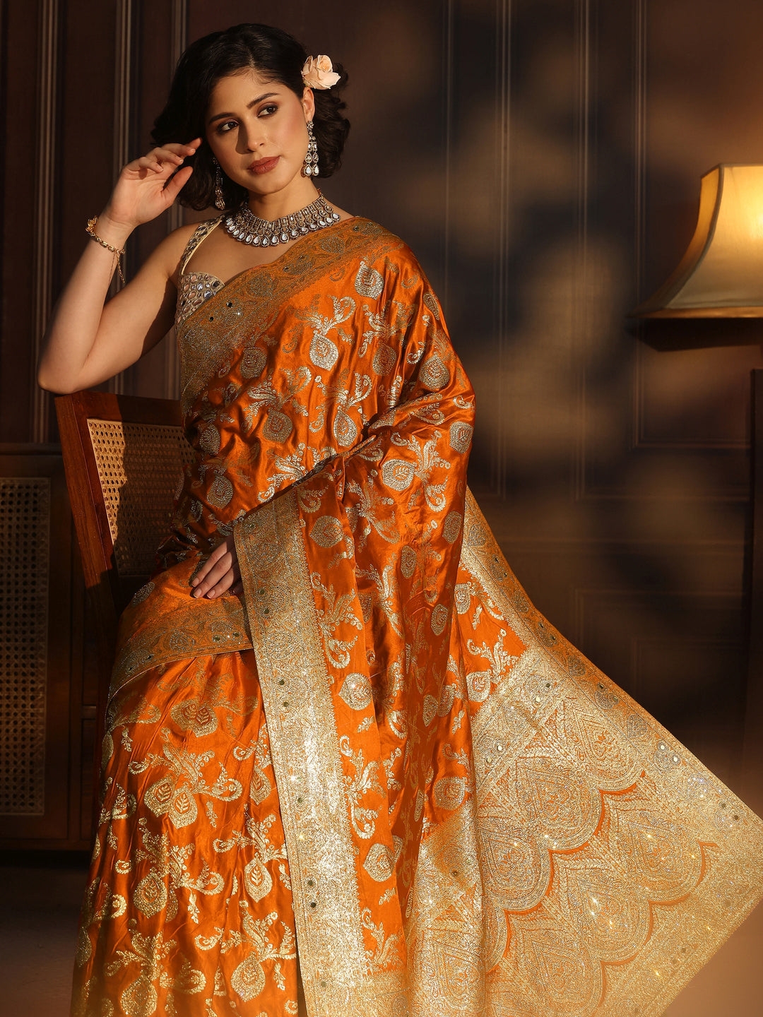 Libas Art Orange Banarasi Satin Saree with Stone Work