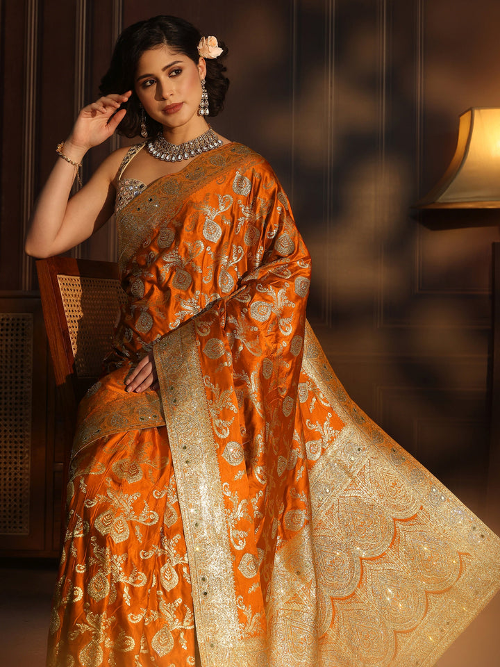 Libas Art Orange Banarasi Satin Saree with Stone Work