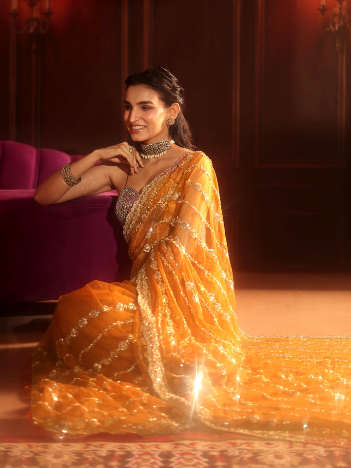Libas Art Orange Embellished Net Saree