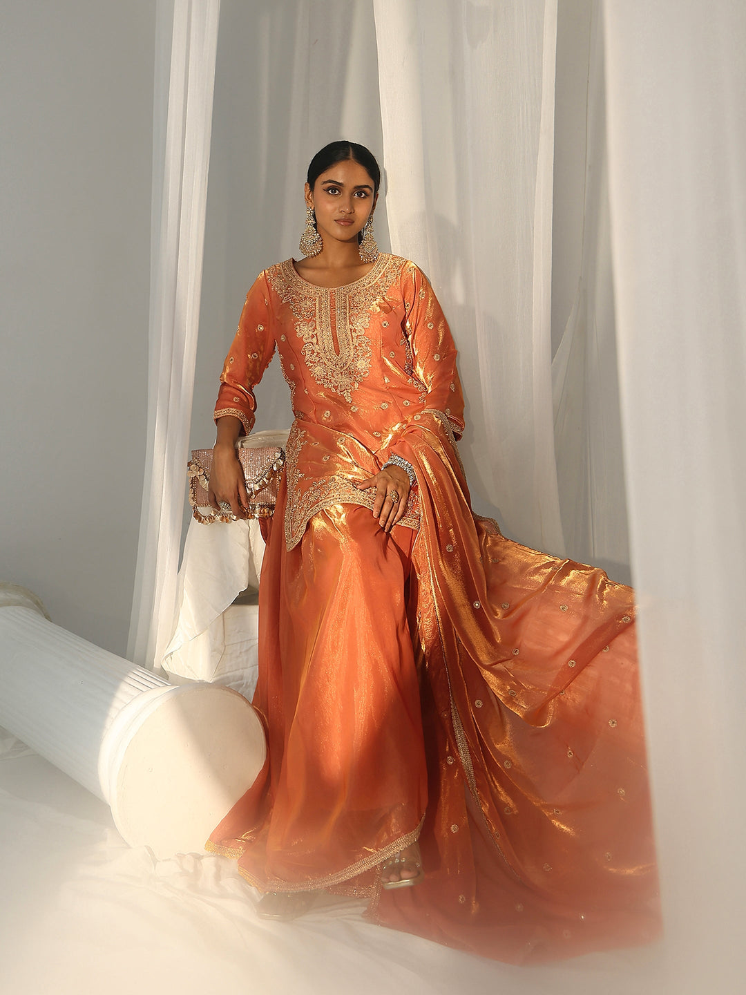Libas Art Orange Embellished Silk Blend Palazzo Suit Set