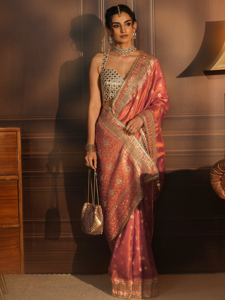 Libas Art Orange Embellished Silk Blend Saree