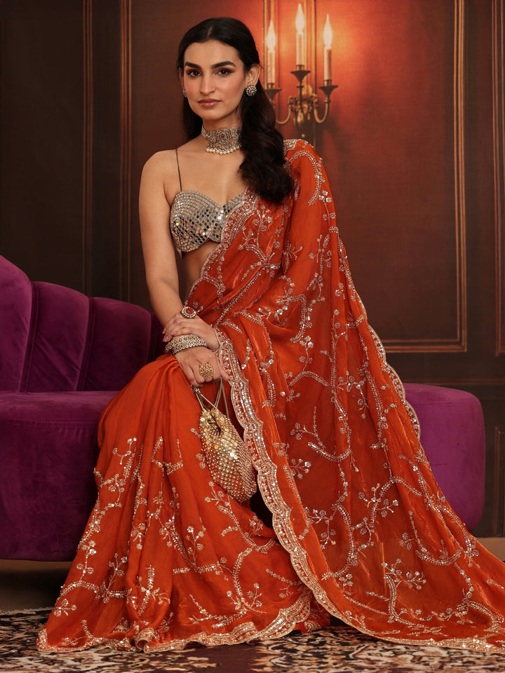 Libas Art Orange Embellished Tissue Saree